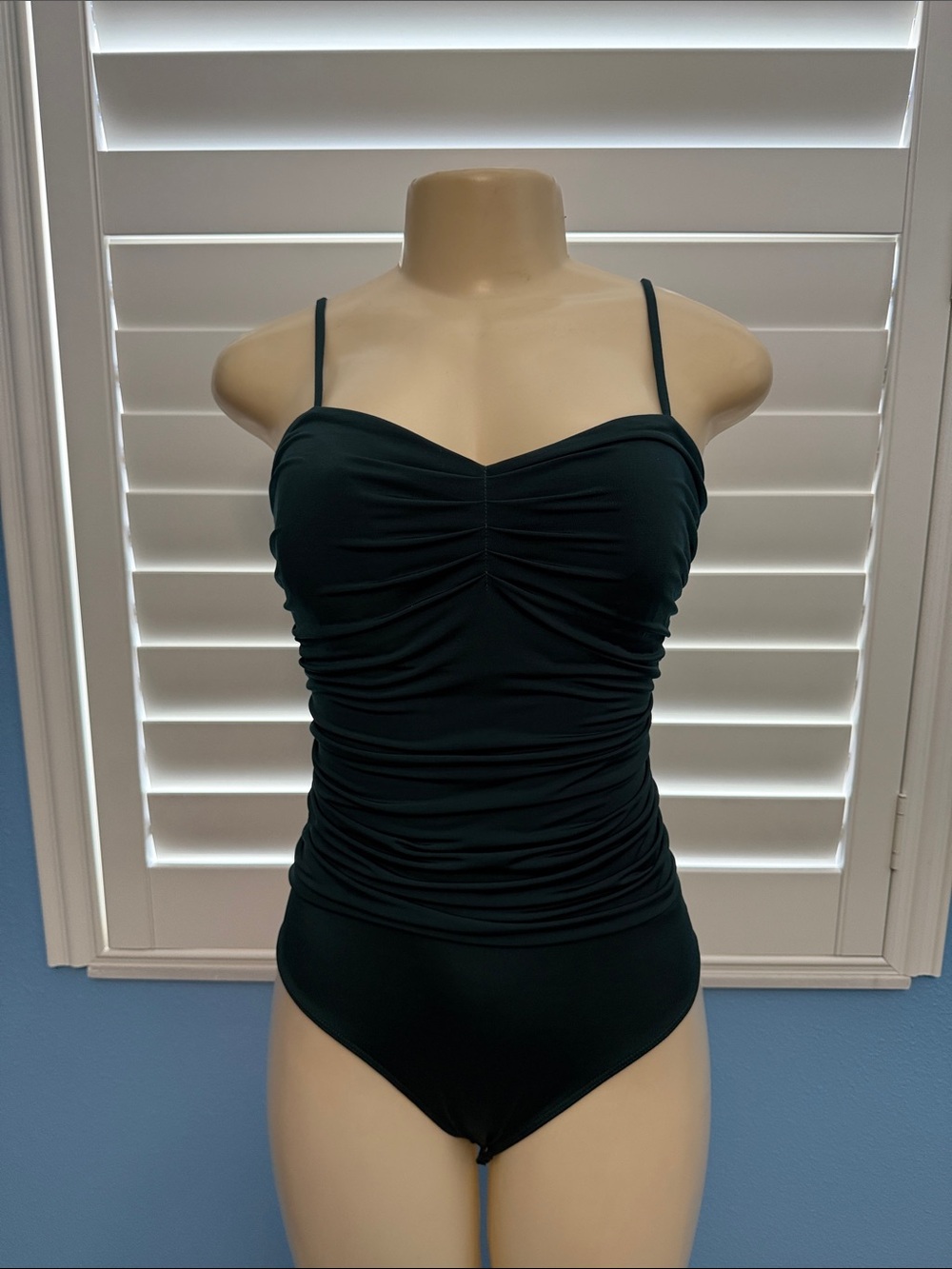 Express Dark Green Ruched Spaghetti-Strap Bodysuit